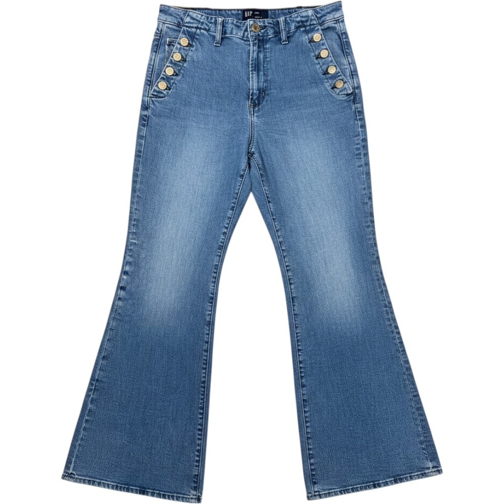 Gap Sailor 70's Flare Jeans 14/32R Blue High‎ Rise Button Front Wide Leg Boho